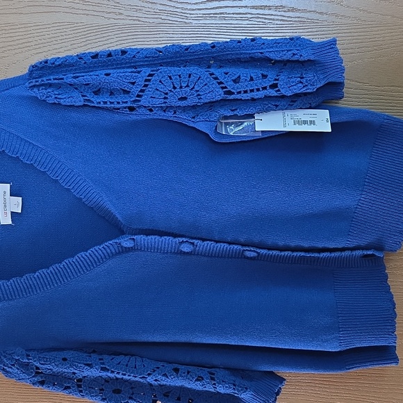 Liz Claiborne NWT Royal Blue Women's Button Down Sweater w/crochet Sleeves - Picture 1 of 8
